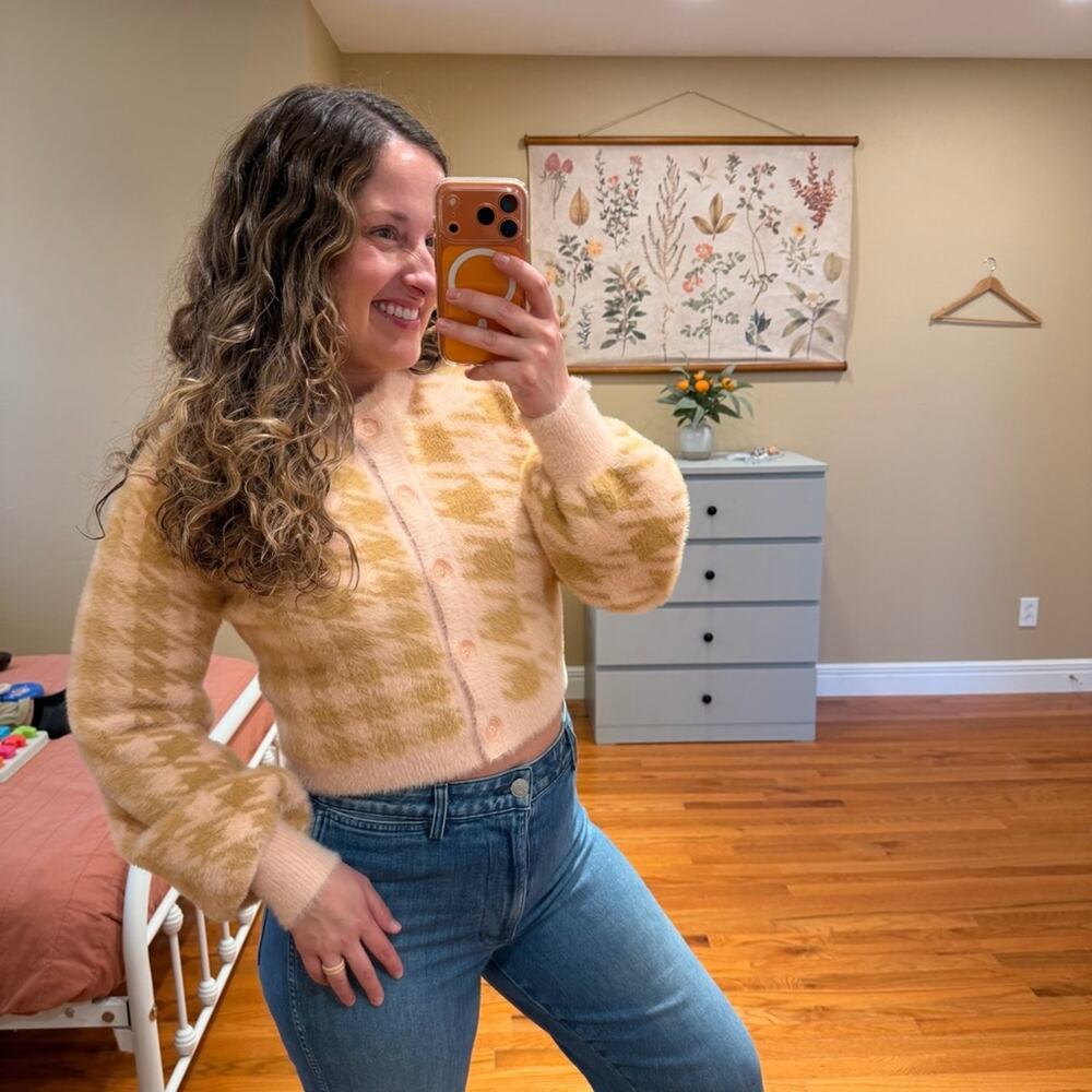 For Love & Lemons Pink Tan Fuzzy Cropped Cardigan Sweater Medium Houndstooth